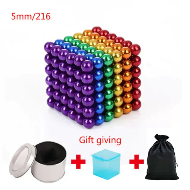 Rainbow-colored magnetic metal balls in a 5mm cube set of 216 pieces, with a storage tin, gift box, and pouch included.