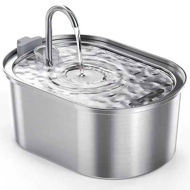 Stainless steel cat water dispenser with a sleek design, featuring a flowing water spout and spacious basin for hydration.