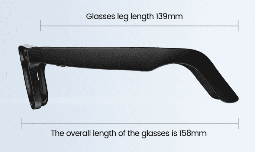 Technical diagram of smart glasses with measurements and overall length