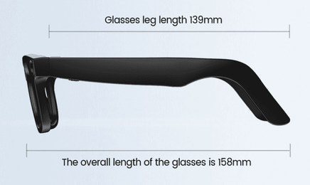 Technical diagram of smart glasses with measurements and overall length