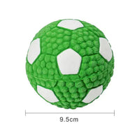 Green squeaky dog toy shaped like a soccer ball with white pentagon patterns, measuring 9.5 cm in diameter. Perfect for pet entertainment.