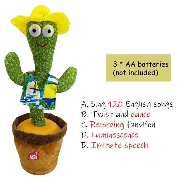 Dancing cactus toy wearing a yellow hat, capable of singing, twisting, recording, glowing, and imitating speech, powered by 3 AA batteries.