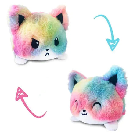 Rainbow-colored cat double-sided plush toy with reversible angry and happy expressions. Soft and fun from Shop Name.