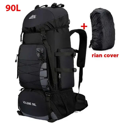 Black 90L outdoor travel backpack with rain cover included, offering weather protection for outdoor adventures.