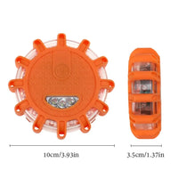 Orange LED emergency car light with dimensions of 10cm diameter and 3.5cm thickness, highlighting its size and design details.