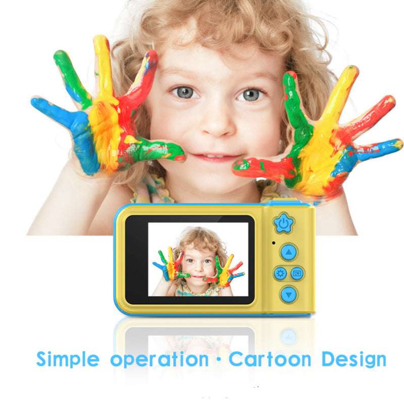 Child taking photo with colorful camera