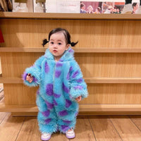 Fuzzy blue and purple animal jumpsuit for toddlers