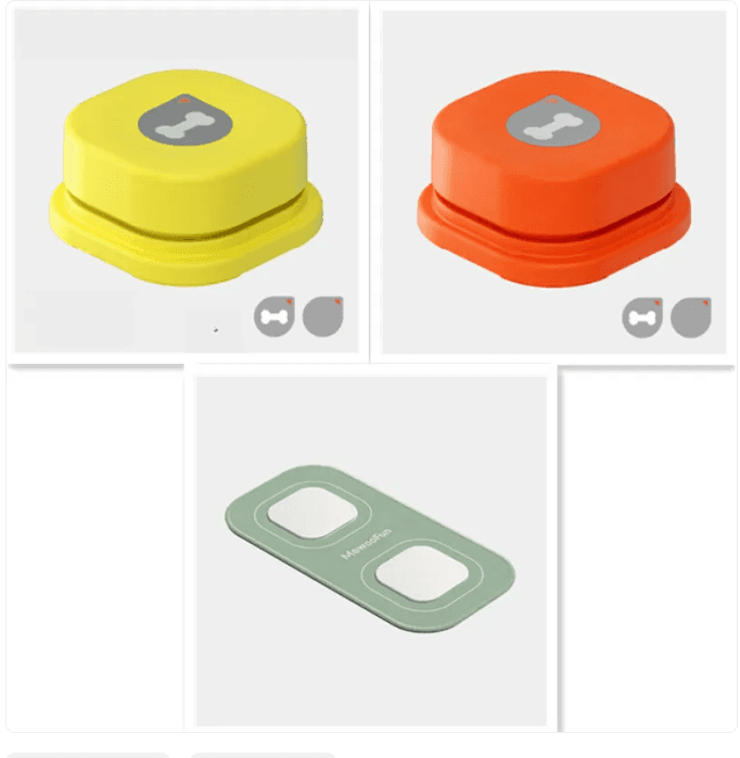 Yellow 4-in-1 pet chatter button with gray bone icon for dog communication, durable plastic, compact size, SKU: AHRUIC1