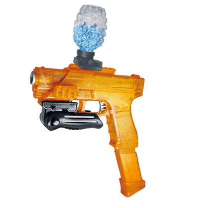 Orange transparent automatic airsoft gun toy with a gel ball container, designed for children’s outdoor shooting fun.