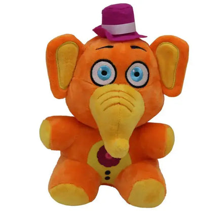 Orange elephant NAF plush toy with a purple hat and expressive blue eyes, crafted for comfort and fun.