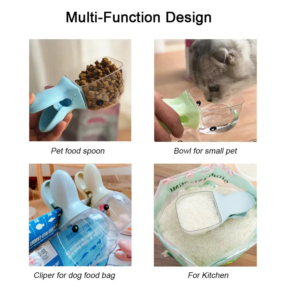 Pet Food Spoon with multi-function design, featuring a scoop for pet food, a small pet bowl, a clip for dog food bags, and kitchen use.