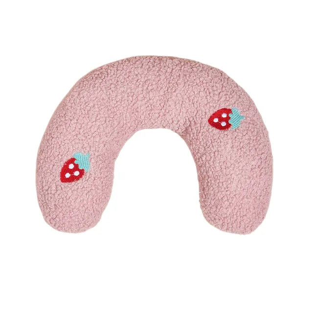 Pink U-shaped pet pillow with strawberries