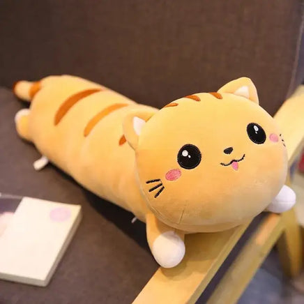 Cute Cat Pillow Plush Toy featuring a soft, elongated design with an adorable cat face, perfect for cuddling or as a decorative piece.