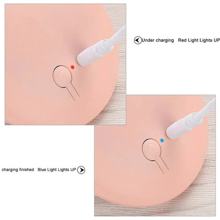 Charging status of the Pocket LED Makeup Mirror, showing red light for charging and blue light for fully charged.