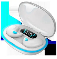 White Bluetooth headset with LED display in a compact charging case, designed for side sleeping and ergonomic comfort.