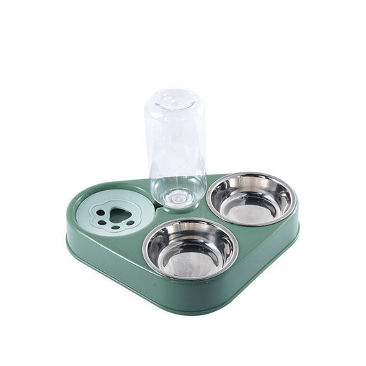 Green 3in1 Pet Food Bowl with dual stainless steel dishes and automatic water dispenser for clean, convenient pet feeding setup.
