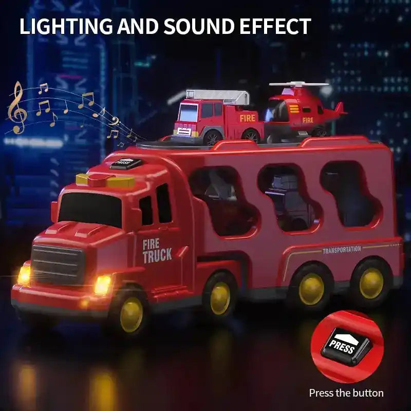 Red fire truck toy with lighting and sound effects. Features emergency vehicles and a transport trailer for interactive play.