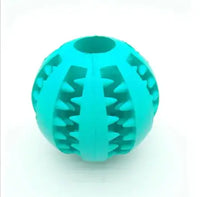 Turquoise interactive rubber slow feeder dog ball with ridges for treat dispensing, designed for engaging play.