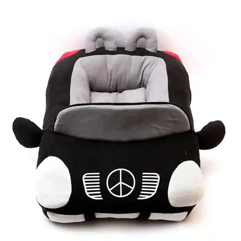 Car Pet Nest shaped like a black convertible with plush cushioning, offering comfort and security for pets during travel or lounging.