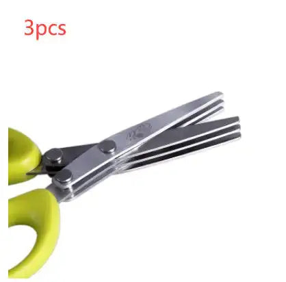 Set of multifunctional green onion scissors with green handles and stainless steel blades labeled '3pcs,' perfect for kitchen tasks.