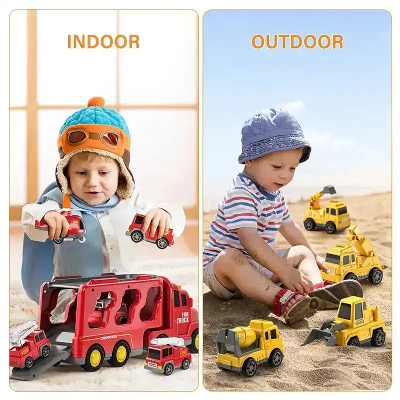 Children playing with fire truck and construction truck toys indoors and outdoors. Ideal for creative and interactive play.