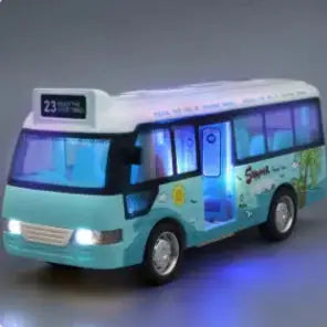 Light-up school bus toy with a summer-themed design, showcasing glowing headlights and interior lights for added playtime excitement.