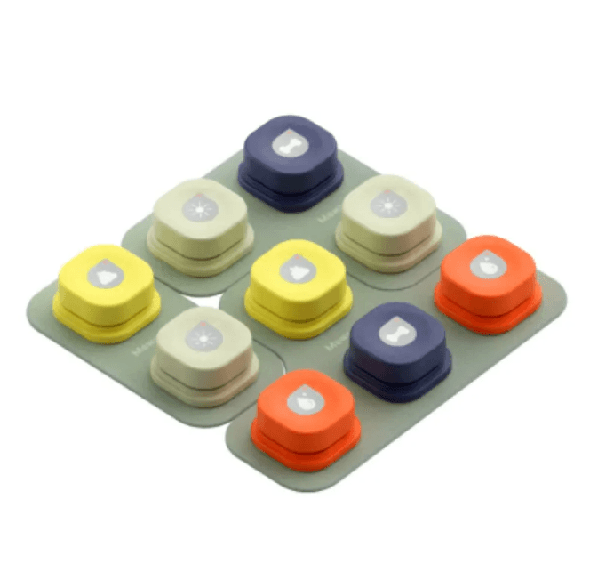 Complete set of 4-in-1 pet chatter buttons with colorful cushions and a green base, for dogs to express needs and emotions.