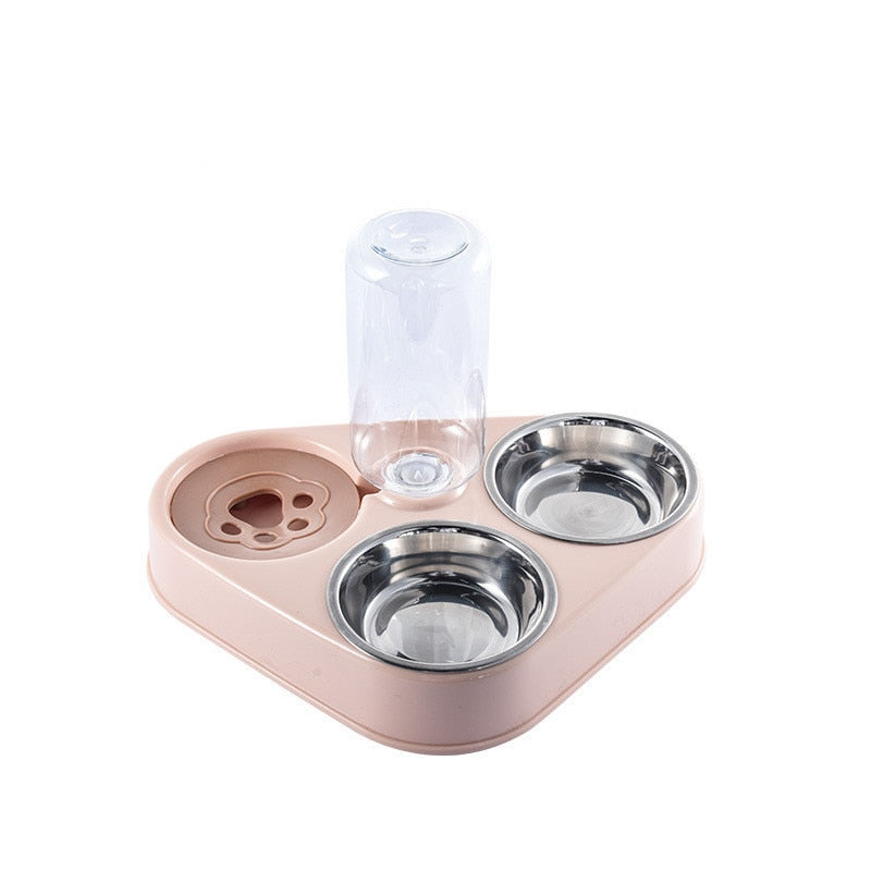 Pink 3in1 Pet Food Bowl featuring two stainless steel bowls and a water dispenser for efficient and stylish pet feeding.
