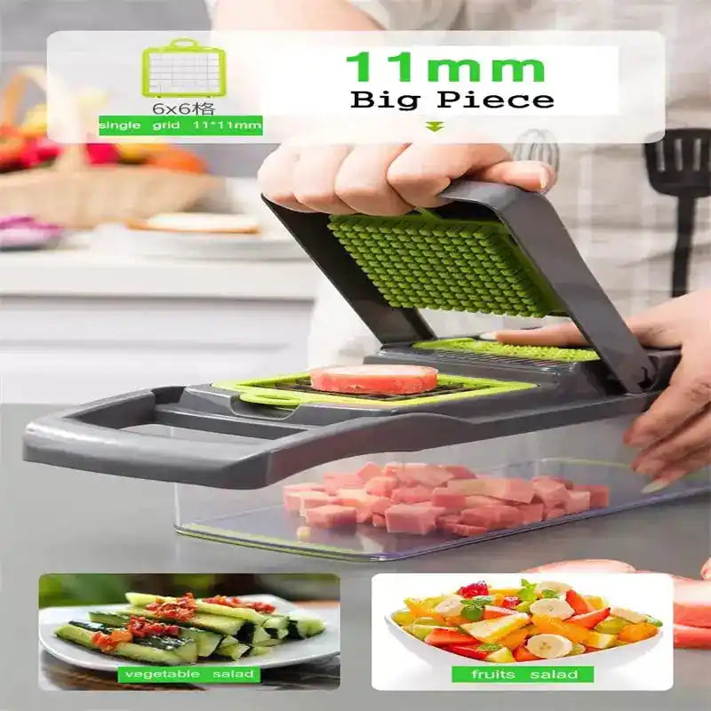 Black multifunctional kitchen slicer in use, demonstrating dicing vegetables into a transparent container for salads and meal