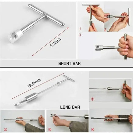 Comparison of short and long dent remover bars with usage instructions. Designed for different dent repair needs on vehicle surfaces.