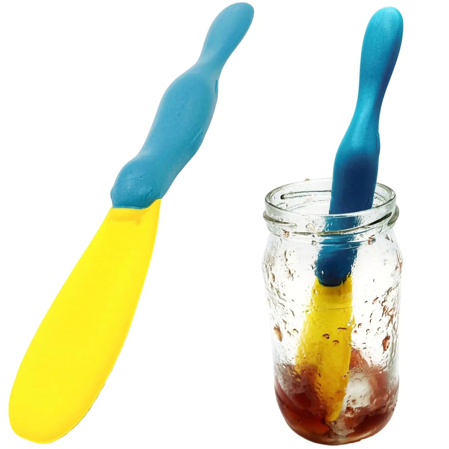 Blue spatula inside glass jar for spreading