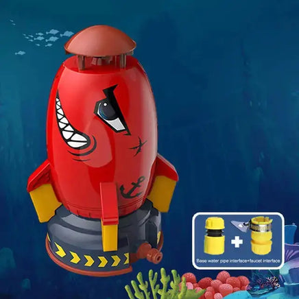 Red Rocket Launcher Toy with shark face design, featuring water spray functionality and faucet connection for outdoor play.