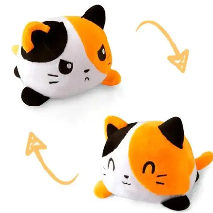 Double-sided plush toy with a calico cat design, reversible from angry to happy expressions. Perfect for gifting from Shop Name.