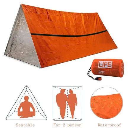 Survival tube emergency tent with whistle in orange, featuring a lightweight, waterproof design for two people. Includes compact storage bag.