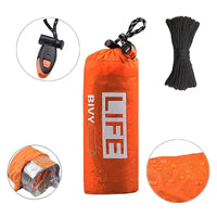 Compact orange survival tent with whistle, waterproof material, and rope. Includes a durable storage bag for emergency preparedness.