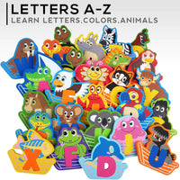 Collection of foam bath toys featuring letters A-Z with vibrant animal designs, encouraging learning of letters, colors, and animals.