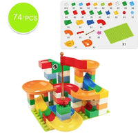 74-piece marble race run block toy set with parts list and compact design for creative and fun play sessions.