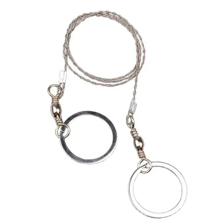 Emergency steel wire saw with two metal rings for survival and outdoor activities, compact and portable for camping and hiking.