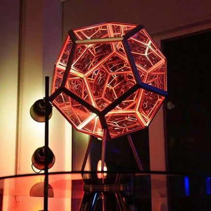 Red-hued Infinite Dodecahedron Color Art Light illuminating a room with intricate geometric designs, ideal for artistic lighting and ambiance.