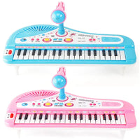 Side-by-side view of blue and pink 37-key electronic piano toys for kids, each with a microphone, promoting creativity and ea