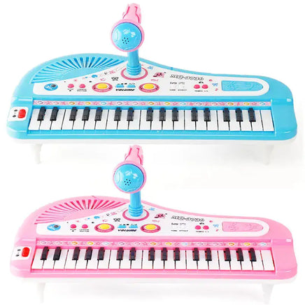Side-by-side view of blue and pink 37-key electronic piano toys for kids, each with a microphone, promoting creativity and ea