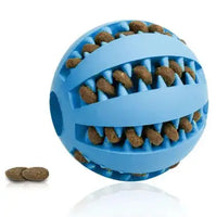 Blue interactive rubber slow feeder dog ball filled with kibble, showcasing its treat-dispensing functionality for dogs.