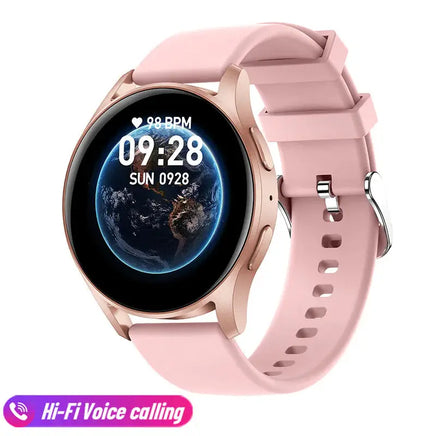 Rose gold Bluetooth calling smart bracelet with pink strap, displaying heart rate and time on a vibrant screen.