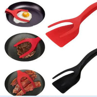 Red and black 2-in-1 kitchen gadgets shown flipping eggs, meat, and bacon, demonstrating their multifunctional design.