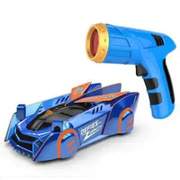 Blue anti gravity car toy with matching blue laser-guided remote control for defying gravity on walls and ceilings.