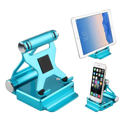 Blue podium style stand holding an iPad and smartphone, featuring adjustable angles and extended battery with USB ports.