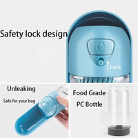 Close-up of the safety lock design on a portable pet water bottle feeder, highlighting its leak-proof and food-grade PC material.