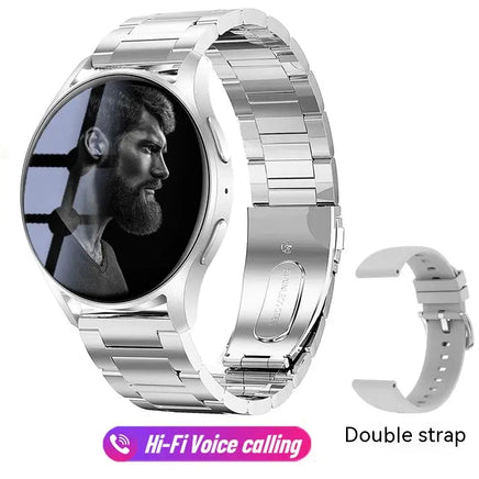 Silver metal strap smartwatch with a double strap option, showcasing Bluetooth calling and a customizable display.