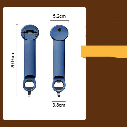 Blue stainless steel labor-saving cap screw gadget with dimensions 20.9cm x 5.2cm x 3.8cm, highlighting its compact and practical design.