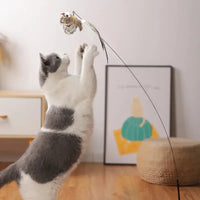 Cat jumping to catch a bird-shaped toy on a fishing rod-style stick, encouraging exercise and fun.